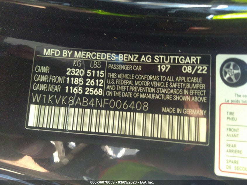 Auction sale of the 2022 Mercedes Benz SL , vin: W1KVK8AB4NF006408, lot number: 36078059