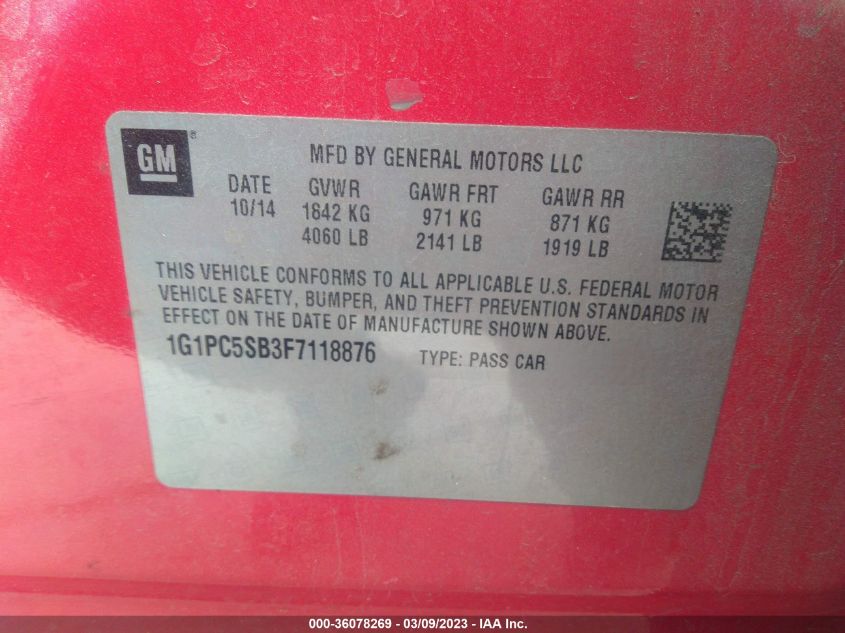2015 CHEVROLET CRUZE LT - 1G1PC5SB3F7118876