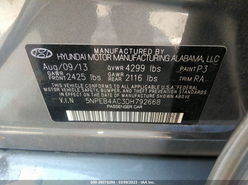 2013 HYUNDAI SONATA GLS PZEV - 5NPEB4AC3DH792668