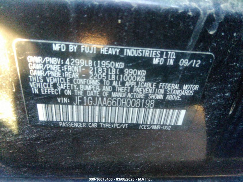 2013 SUBARU IMPREZA SEDAN - JF1GJAA66DH008198