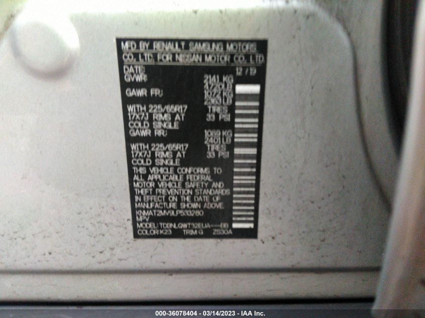 2020 NISSAN ROGUE SV - KNMAT2MV9LP533280