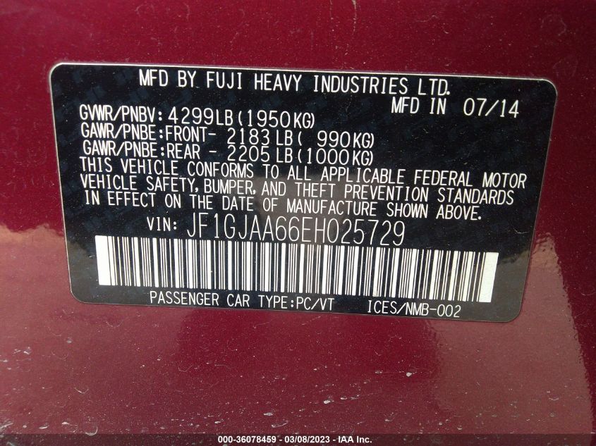 2014 SUBARU IMPREZA SEDAN - JF1GJAA66EH025729