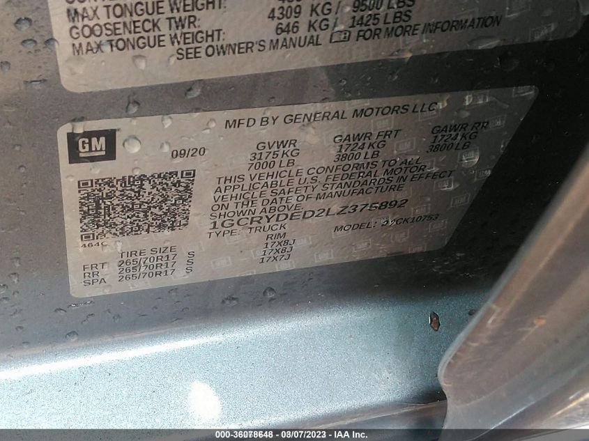 2020 CHEVROLET SILVERADO 1500 - 1GCRYDED2LZ375892