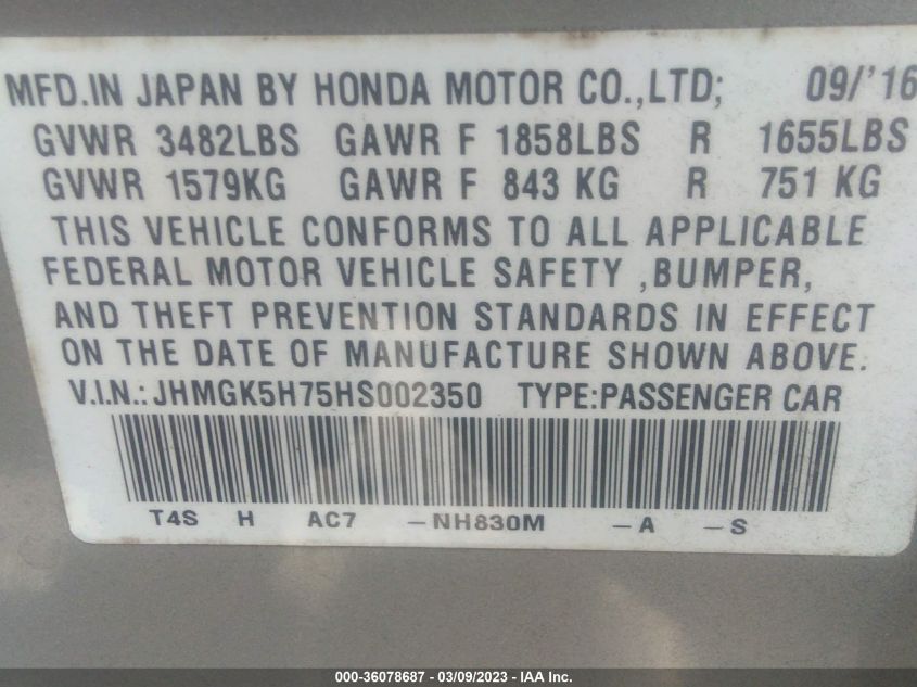 2017 HONDA FIT EX - JHMGK5H75HS002350