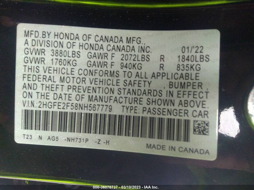 VIN 2HGFE2F58NH567779 2022 HONDA CIVIC SEDAN SPORT
