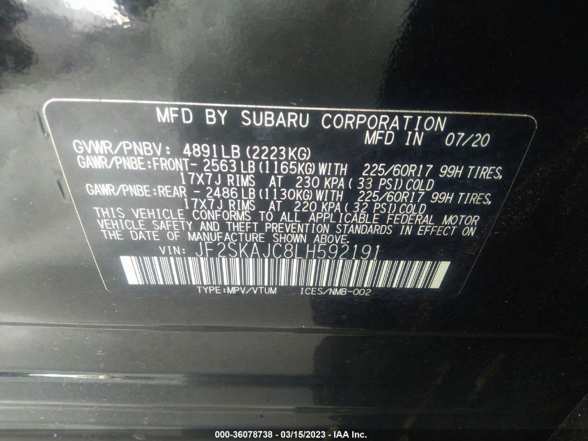 2020 SUBARU FORESTER PREMIUM - JF2SKAJC8LH592191