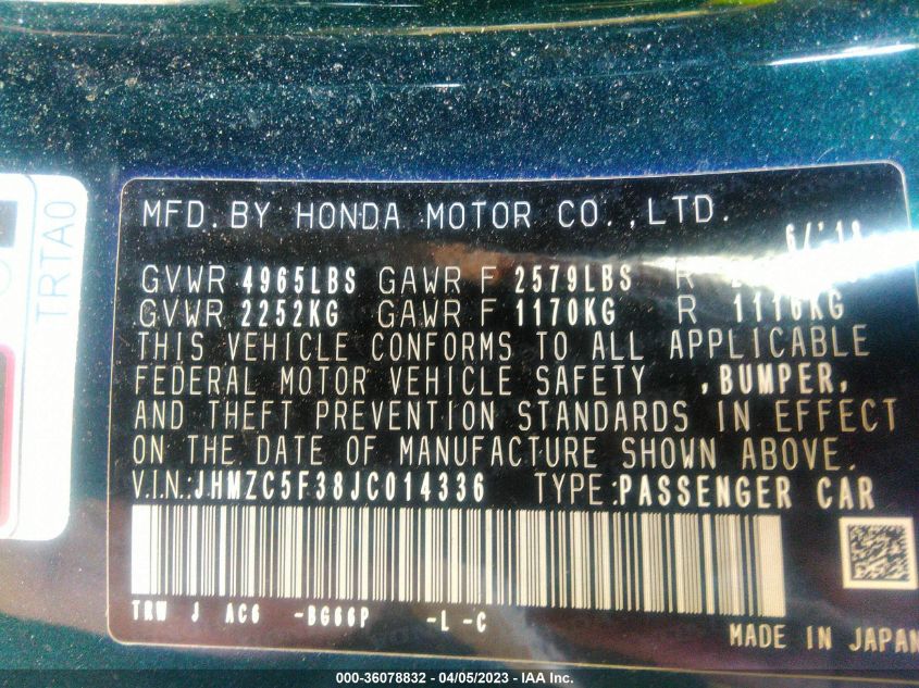 2018 HONDA CLARITY PLUG-IN HYBRID TOURING JHMZC5F38JC014336