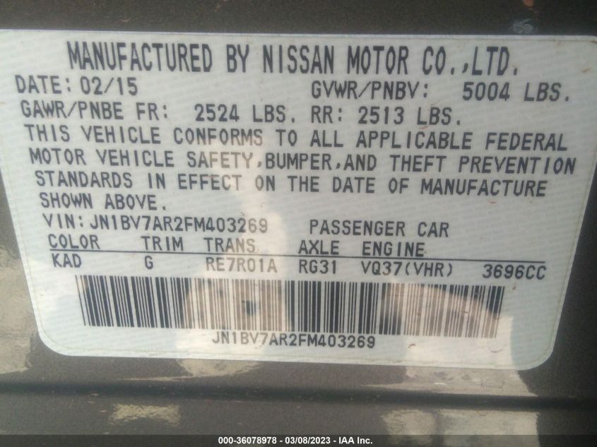 2015 INFINITI Q50 SPORT - JN1BV7AR2FM403269