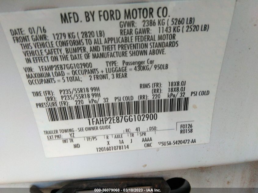 2016 FORD TAURUS SEL - 1FAHP2E87GG102900