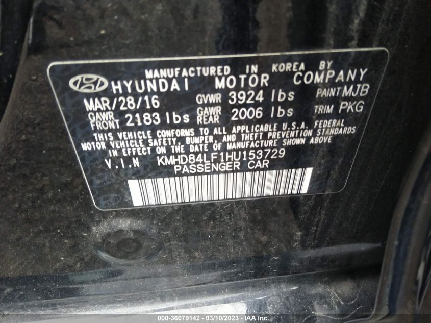 2017 HYUNDAI ELANTRA SE - KMHD84LF1HU153729