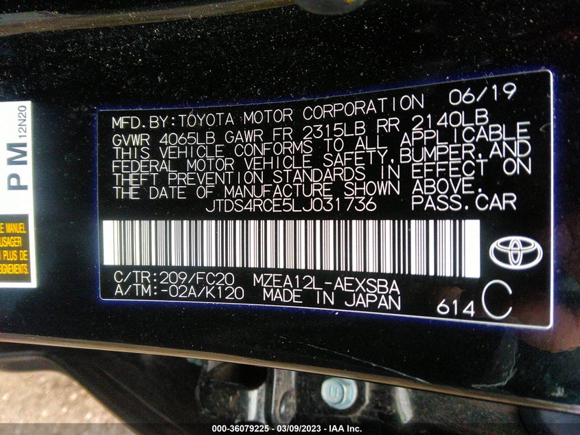 VIN JTDS4RCE5LJ031736 2020 TOYOTA COROLLA SE/NIGHTSHADE