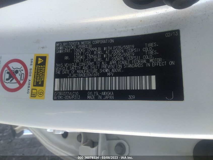 2013 LEXUS RX 450H JTJBC1BA0D2061691