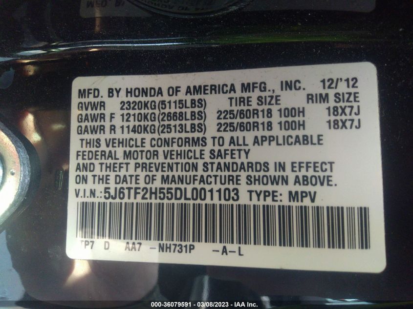2013 HONDA CROSSTOUR EX-L 5J6TF2H55DL001103