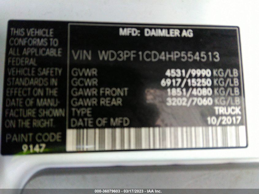 2017 MERCEDES-BENZ SPRINTER CARGO VAN WD3PF1CD4HP554513