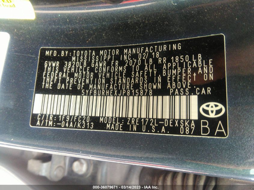 2018 TOYOTA COROLLA L/LE/XLE/SE/XSE - 5YFBURHEXJP815878