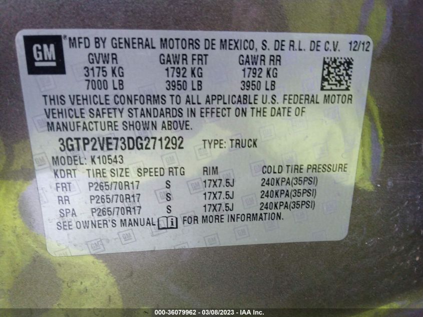 2013 GMC SIERRA 1500 SLE - 3GTP2VE73DG271292