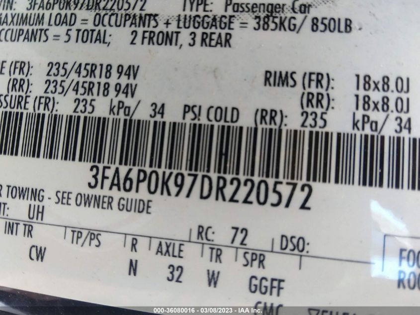2013 FORD FUSION TITANIUM - 3FA6P0K97DR220572