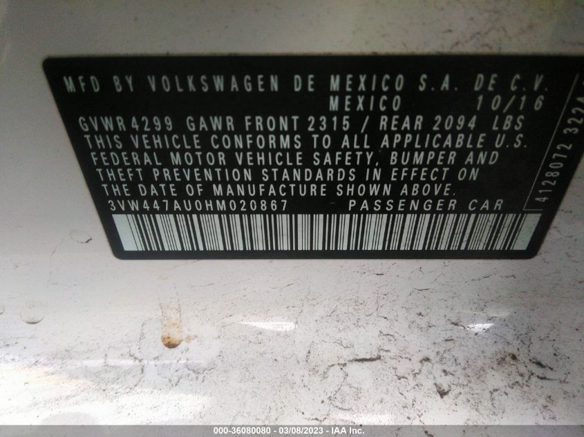 2017 VOLKSWAGEN GOLF GTI S/SE/AUTOBAHN/SPORT - 3VW447AU0HM020867