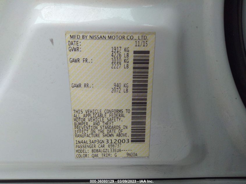 2016 NISSAN ALTIMA 2.5 - 1N4AL3AP3GN312003