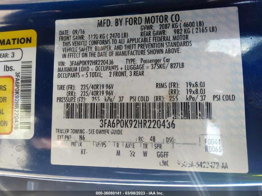 2017 FORD FUSION TITANIUM/PLATINUM - 3FA6P0K92HR220436