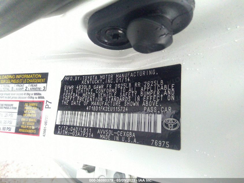 2014 TOYOTA CAMRY HYBRID LE/XLE/SE LIMITED EDITION 4T1BD1FK2EU115724