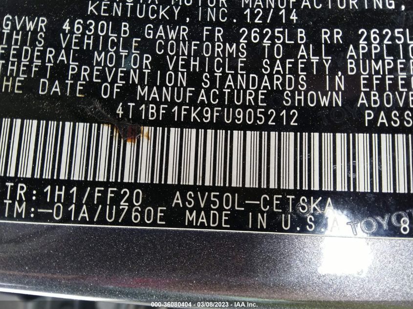 2015 TOYOTA CAMRY XLE/SE/LE/XSE - 4T1BF1FK9FU905212