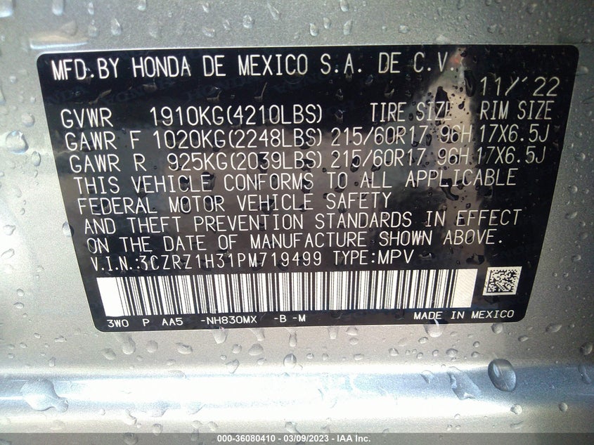 VIN 3CZRZ1H31PM719499 2023 HONDA HR-V LX