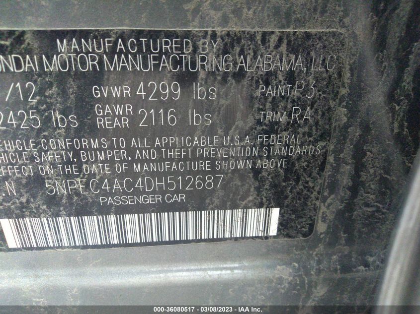 2013 HYUNDAI SONATA GLS/SE/LIMITED - 5NPEC4AC4DH512687
