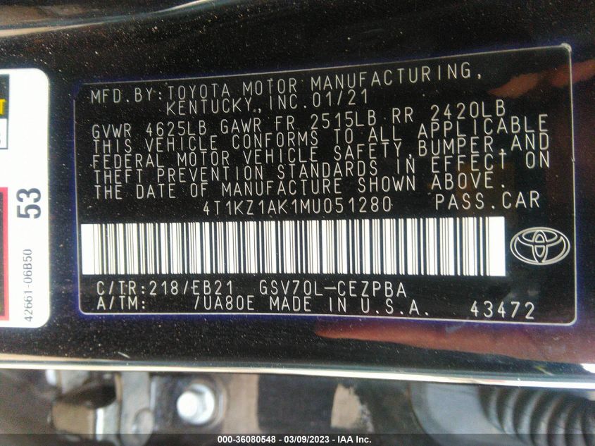 2021 TOYOTA CAMRY V6 - 4T1KZ1AK1MU051280