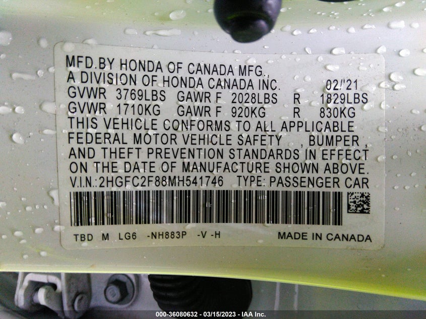 VIN 2HGFC2F88MH541746 2021 HONDA CIVIC SEDAN SPORT