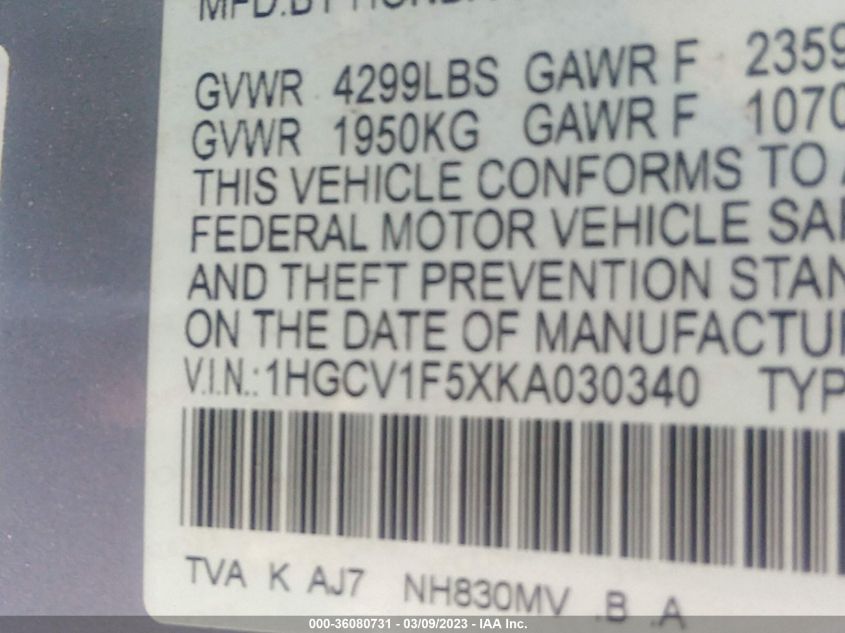 2019 HONDA ACCORD SEDAN EX-L 1.5T - 1HGCV1F5XKA030340