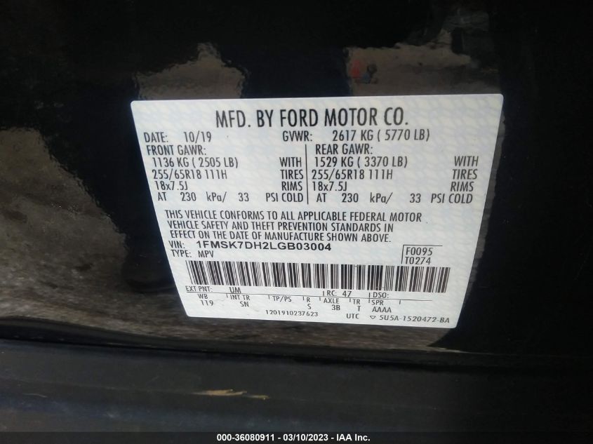 2020 FORD EXPLORER XLT - 1FMSK7DH2LGB03004