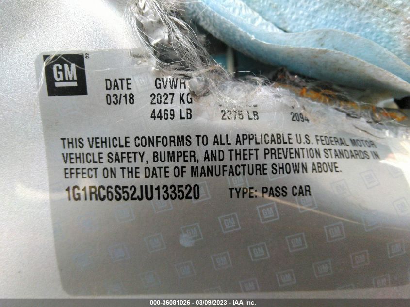 2018 CHEVROLET VOLT LT - 1G1RC6S52JU133520