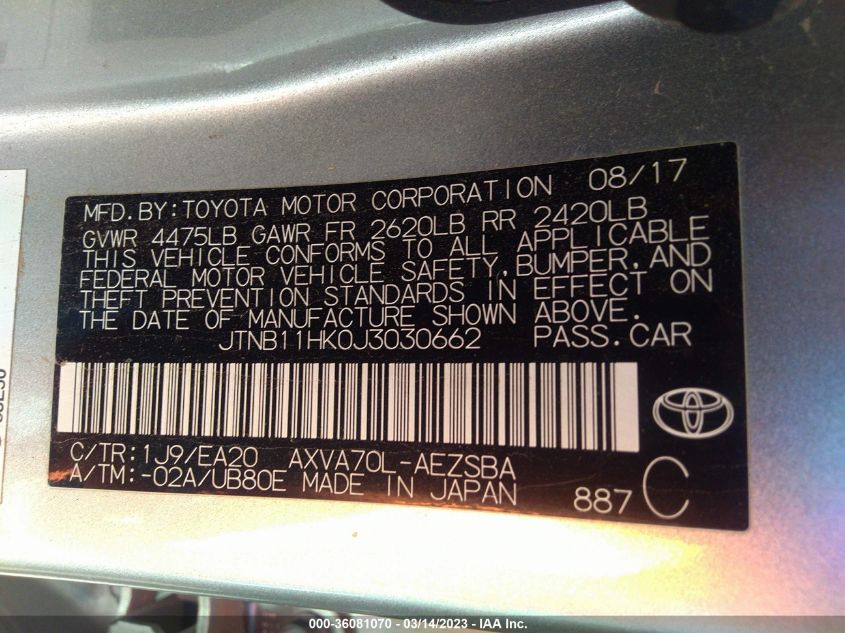 2018 TOYOTA CAMRY LE/SE/XLE/L - JTNB11HK0J3030662