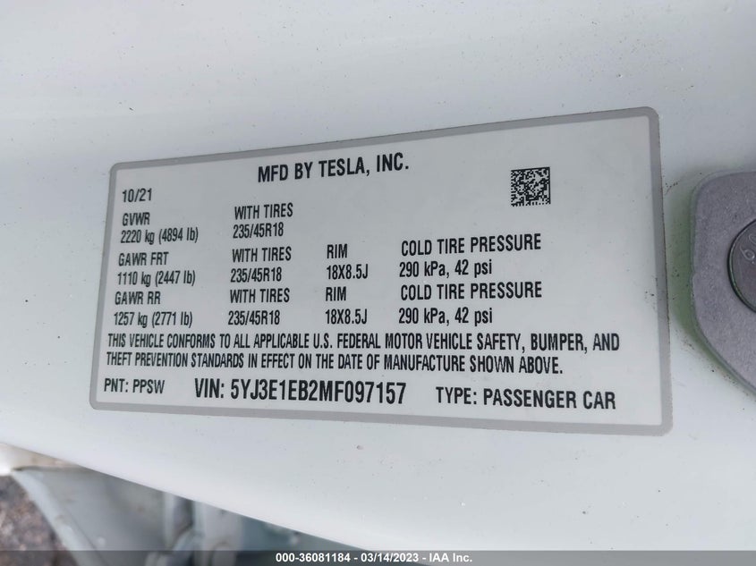 VIN 5YJ3E1EB2MF097157 2021 TESLA MODEL 3 LONG RANGE