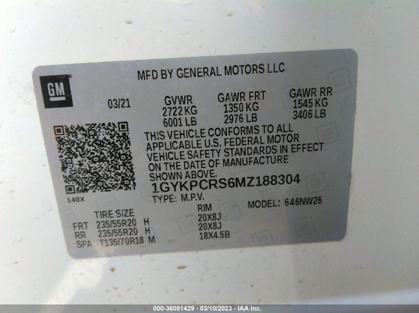 2021 CADILLAC XT6 PREMIUM LUXURY 1GYKPCRS6MZ188304