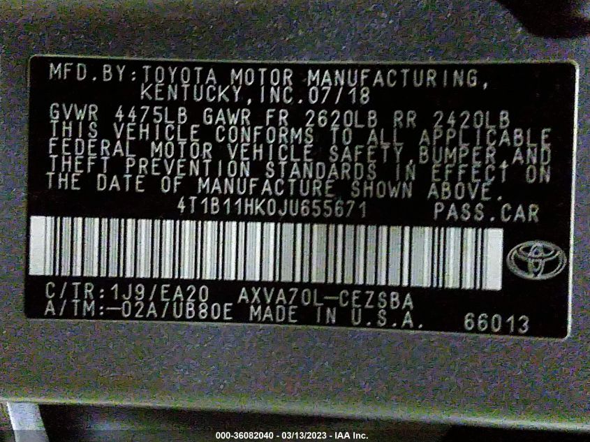 2018 TOYOTA CAMRY LE/SE/XLE/L - 4T1B11HK0JU655671