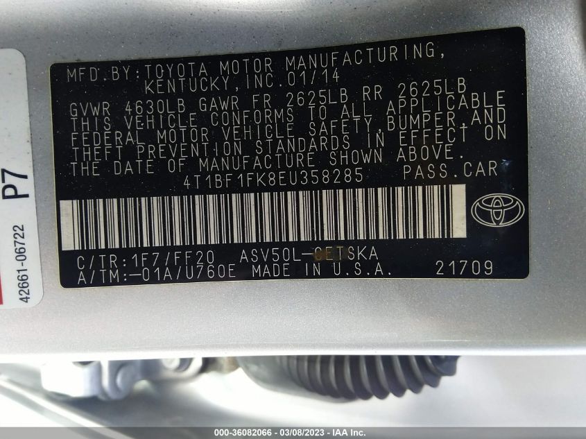 2014 TOYOTA CAMRY L/LE/XLE/SE/SE SPORT - 4T1BF1FK8EU358285