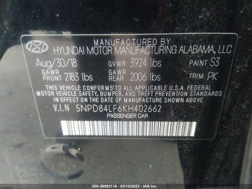 2019 HYUNDAI ELANTRA SEL - 5NPD84LF6KH402662