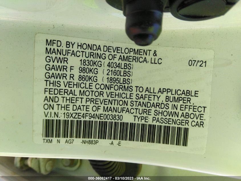 2022 HONDA INSIGHT TOURING 19XZE4F94NE003830