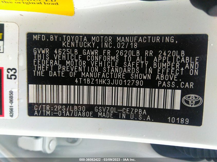 2018 TOYOTA CAMRY V6 - 4T1BZ1HK3JU012790