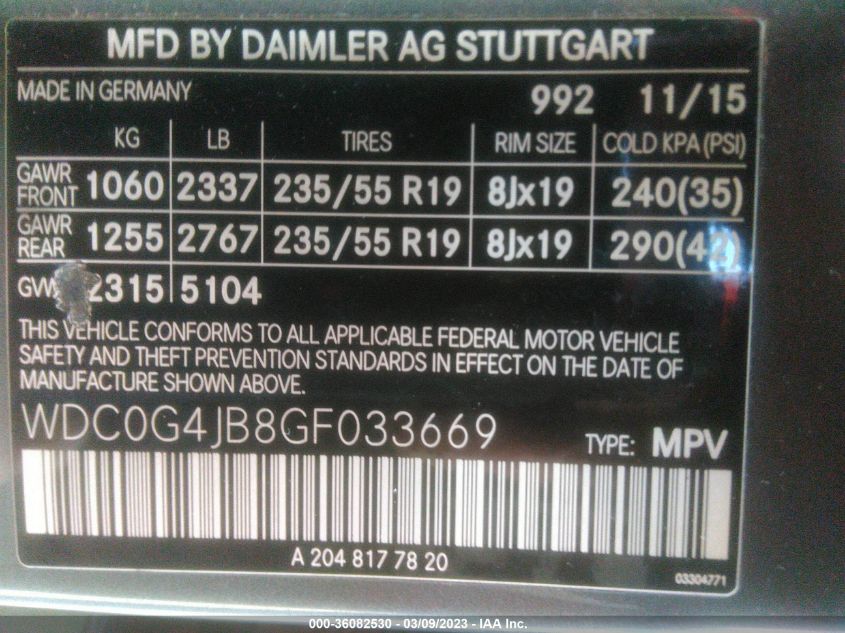 2016 MERCEDES-BENZ GLC GLC 300 - WDC0G4JB8GF033669