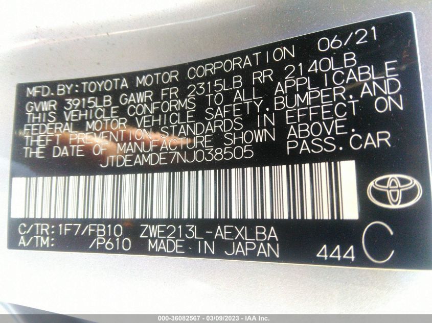 2022 TOYOTA COROLLA HYBRID LE - JTDEAMDE7NJ038505