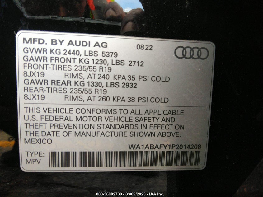 VIN WA1ABAFY1P2014208 2023 AUDI Q5 PREMIUM