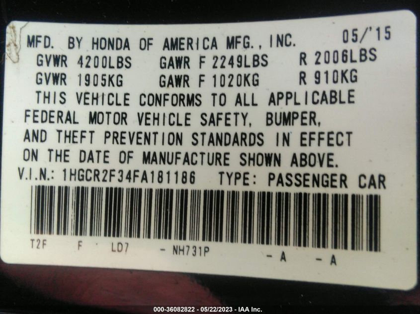 2015 HONDA ACCORD SEDAN LX - 1HGCR2F34FA181186