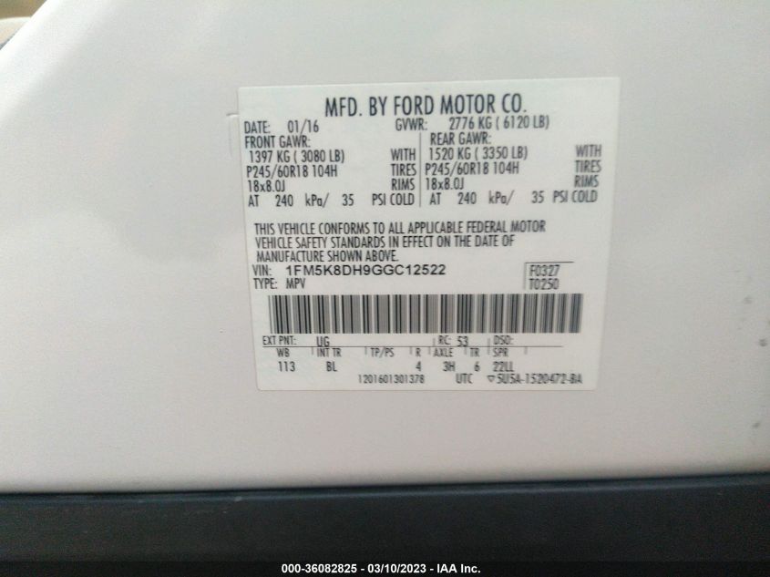 2016 FORD EXPLORER XLT - 1FM5K8DH9GGC12522