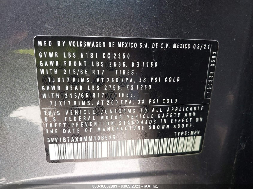 VIN 3VV1B7AX8MM108535 2021 VOLKSWAGEN TIGUAN S