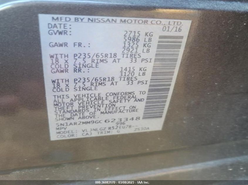 2016 NISSAN PATHFINDER - 5N1AR2MM9GC623348