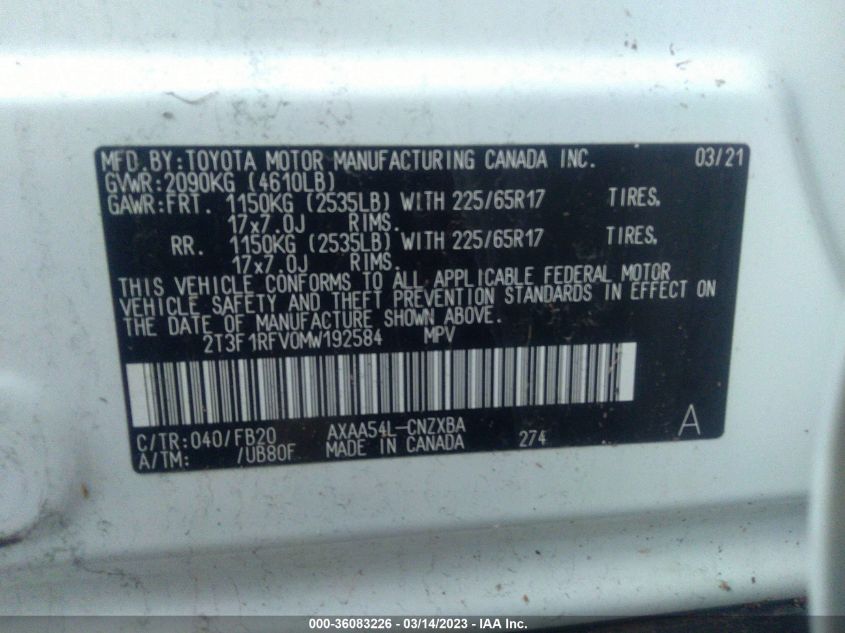 2021 TOYOTA RAV4 LE - 2T3F1RFV0MW192584