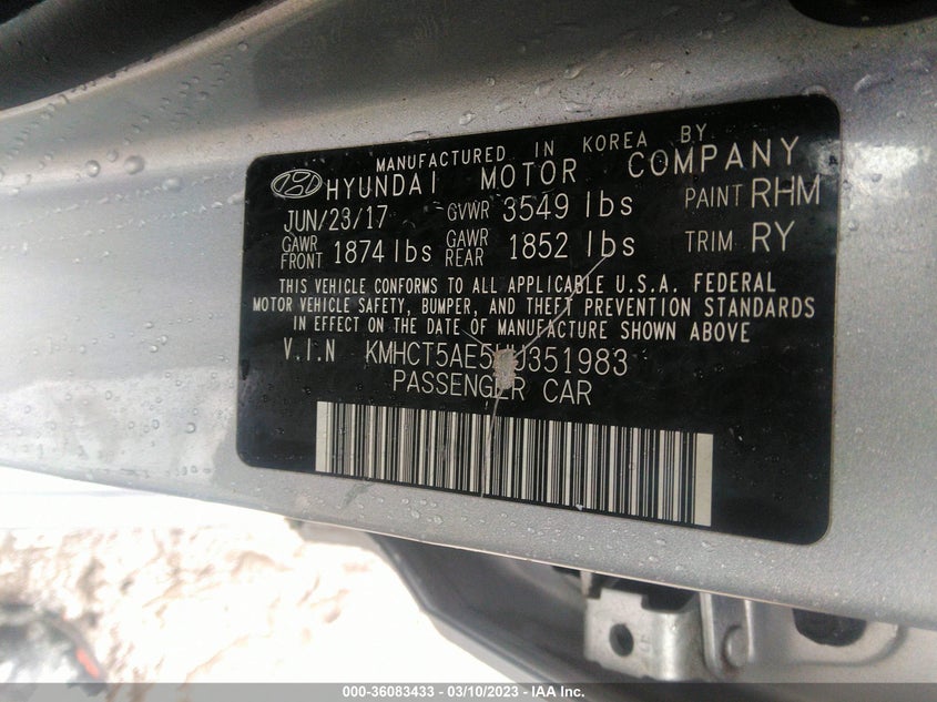 VIN KMHCT5AE5HU351983 2017 HYUNDAI ACCENT SE